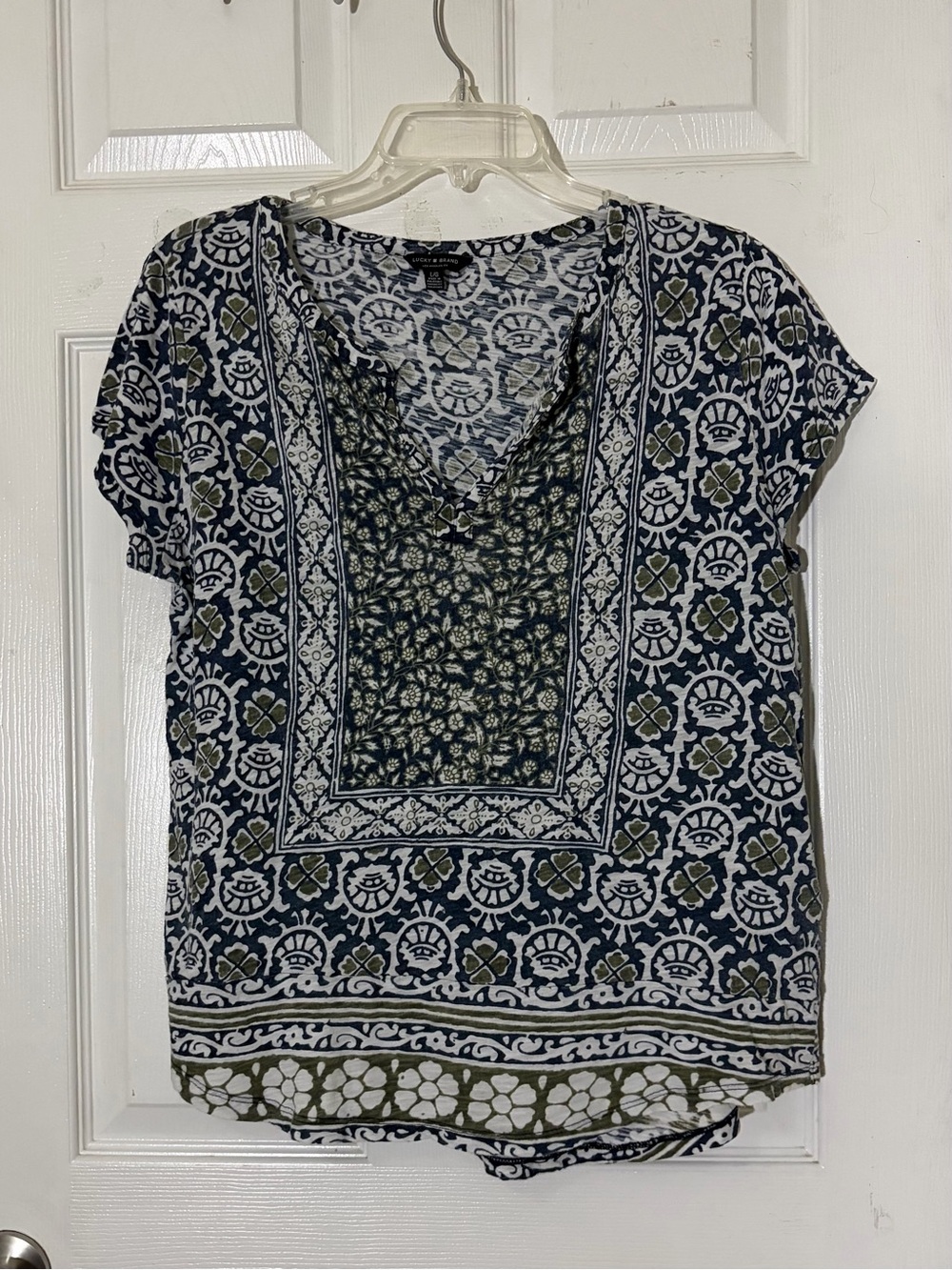 Lucky Brand Navy, White & Olive Patterned Tunic Top